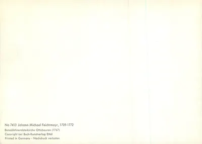 Anjo no topo de um retábulo — escultura de Johann Michael Feichtmayr — editor Buch-Kunstverlag Ettal, n° 7413 — Verso