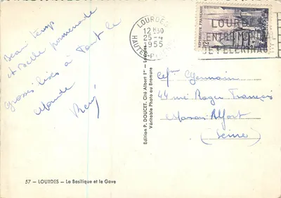 LOURDES — Bazylika i rzeka Gave — Wydawnictwo P. DOUCET, Cité Albert Ier, Lourdes — Rewers
