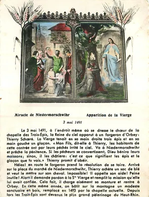 Bilhete postal moderno Três Epis (alt 700 m) Milagre de Niedermorschwihr Aparição da Virgem