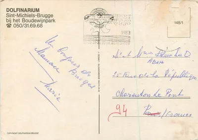 Espectáculo de delfines — Dolphinarium Brugge — Editor Dolphinarium Brugge, n.º 148/1 — Reverso