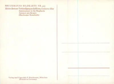 Anúncio aos pastores — Altar de Grabow — Meister Bertram — Bruckmanns Bildkarte Nr. 495 — Verso