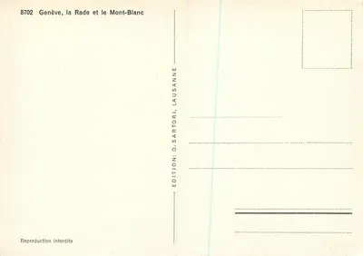Ginevra, il Molo e il Monte Bianco — vista da un balcone con due statue — Edizione O. Sartori, Losanna — Verso