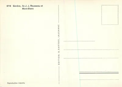 Genebra, Ilha J.J. Rousseau e Mont-Blanc — Edição O. Sartori, Lausana, n° 8718 — Verso