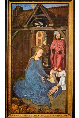 Natividade — detalhe da Adoração dos Reis Magos — H. Memling, Bruges, Hospital São João, ca. 1430-1494 — Edições «Viking» s.a. Bruxelas