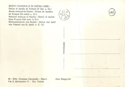 Statua Apollona — V wiek p.n.e. — Wydawnictwo Vincenzo Carcavallo, Napolé — Rewers