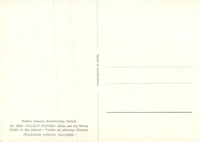 Paulus Potter — Koeien op een weide — Walter Classen, Kunstverlag, Zürich, n° 3592 — Achterkant