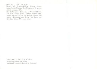 Hydria do rei Priamos — obra do pintor Priamos — editor VERLAG A. EGGER, KÖLN, n° 1289 — Verso