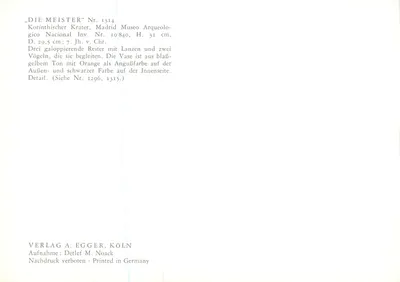 Krater coríntio — três cavaleiros com lanças e dois pássaros — editor VERLAG A. EGGER, KÖLN, n° 1314 — Verso