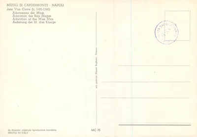 Adoracja Trzech Króli — obraz Joos Van Cleve (ok. 1485-1540) — wydawca Alinari Boglioni, seria MC 75 — Rewers