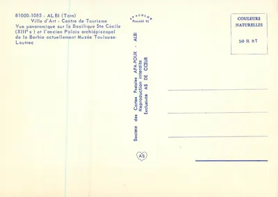 Albi — Basílica de Santa Cecília e antigo Palácio Arquiepiscopal (século XIII) — Sociedade das Cartas Postais APA-POUX — Verso