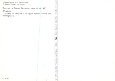 Tenture de David — O exército se prepara para atacar Rabba, a cidade dos Ammonitas — Musée National de la Renaissance, Château d'Écouen (Val-d'Oise) — Éditions des musées nationaux, 1977 — Verso