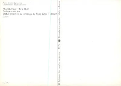 Escravo moribundo — detalhe da estátua destinada ao túmulo do Papa Jules II — Éditions des musées nationaux — Verso