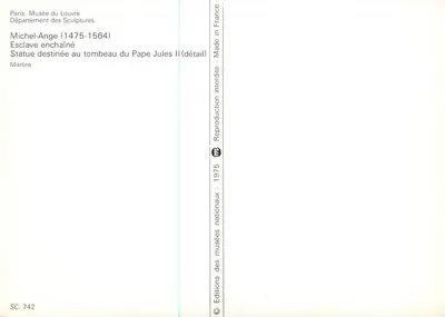 Uwięzony niewolnik — szczegół statuy przeznaczonej na grob Papieża Julesza II — Wydawnictwo Muzeów Narodowych, seria SC. 742 — Rewers