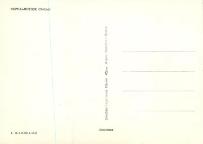 Suze la Rousse — widok panoramiczny z zamekiem, flagą francuską i herbem — Imprimeur Combier, Mâcon — Rewers