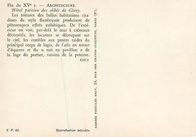 Hôtel parisien des abbés de Cluny — Fin du XVᵉ siècle — Éditeur Ency, n° C.P. 62 — Verso