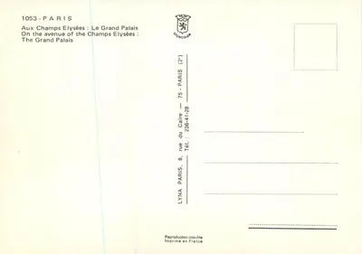 Paryż — Wielki Pałac — Aleja Champs-Élysées — wydawca LYNACOLOR, nr 1053 — Rewers