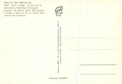 Praça da Concorde — sob a neve — obelisco de Louxor e Mercúrio em um cavalo alado — editor GUY, n° 5690 — Verso
