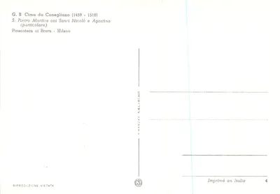 Święty Piotr Męczennik z świętymi Nikodemem i Augustynem — reprodukcja dzieła G. B. Cima da Conegliano (1459-1518) — Pinacoteca di Brera, Mediolan — Rewers