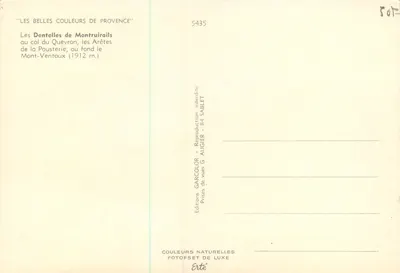 As Dentelhas de Montmirail — no col do Queyron, as Aristas da Poustérie, no fundo o Mont-Ventoux (1912 m.) — Edições GARCOLOR - 84 SABLET — Verso
