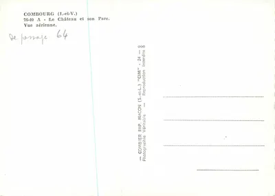 Combourog (I.-et-V.) — Zamek i jego Park — widok z powietrza — Combier Imp. Macon — Rewers