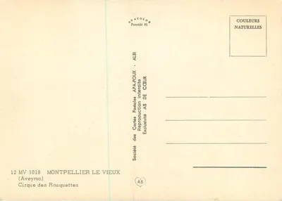 Cirque des Rouquettes — Aveyron — Société des Cartes Postales Montpellier Le Vieux n°12 MV 1018 — Rewers