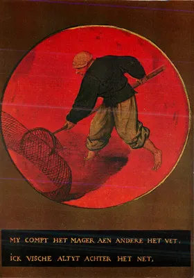 Pescador com rede — Provérbio em flamengo — Pieter Bruegel o Velho, detalhe de uma série de 12 provérbios em medalhões