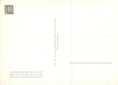 Maria vom Vesperbild — escultura do mestre de Salzbourg por volta de 1400 — editor HIRMER VERLAG MÜNCHEN, n° 1372 — Verso