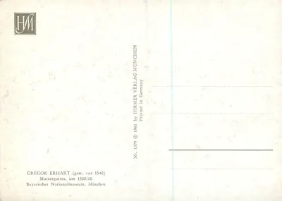 Virgem com o Menino — escultura de Gregor Erhart — editor HIRMER VERLAG MÜNCHEN — Verso