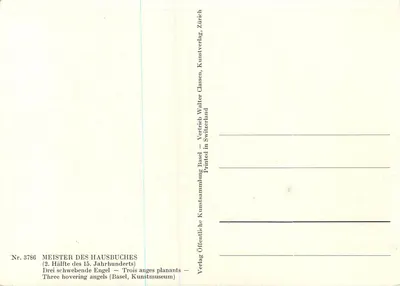 Trzech unoszących się aniołów — Meister des Hausbuches — Wydawnictwo Walter Classen, Szwajcaria — Rewers