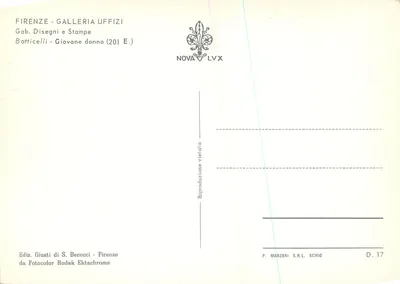 Florencio - Galeria Oficyn - Szczegół Botticelliego — Kobieta naga w szacie zawiązanej — Wydawca Giusti di S. Becocci, n° 201 E. — Rewers
