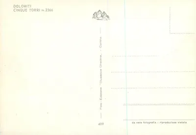 Cinque Torri — Dolomitas — Edição Giuseppe Ghedina, n°409 — Verso