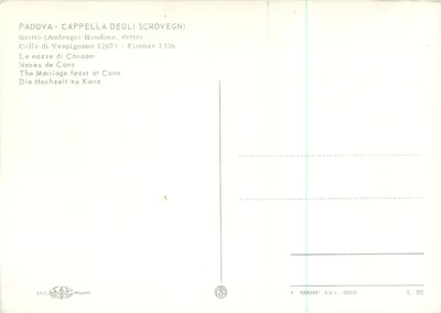 Padova — Kappella degli Scrovegni — Ślub w Kanie przez Giotto (Ambrogio Bondone, zwany) — Wydawca P. Marzari S.R.L. Schio — Rewers
