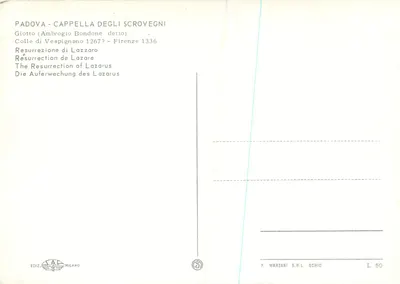 Padwa — Krypta Scrovegni — Wznieście Lazarza przez Giotto (Ambrogio Bondone) — Wydawca P. Marzari S.R.L. Schio — Rewers