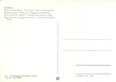 Padoue — Bazylika św. Antoniego — fasada i bok północny — wydawca P. Marzari S.R.L. Schio, nr 52 — Rewers
