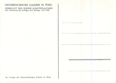 Adoracja Trzech Króli Magów — dzieło Werkstatt des Wiener Schottenaltars, ok. 1470 — Wydawnictwo Wiedeńskiej Galerii Własności Austriańskiej — Rewers