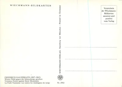 Friedrich Gauermann — Scena lasu z krajobrazem zasnieżonych gór — Wiechmann-Bildkarten, nr 2902 — Rewers