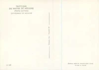 Virgen con el Niño coronada — panel central del tríptico — Ediciones Abbaye d'Encalcat (Tarn) — Reverso