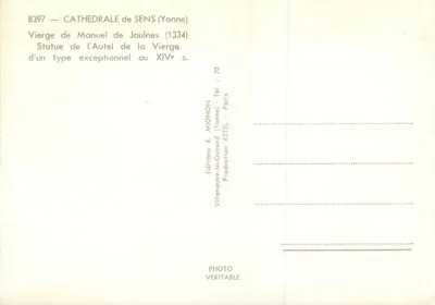 Catedral de Sens — Virgem de Manuel de Jaulnes (1334) — Edições E. Mignon — Verso
