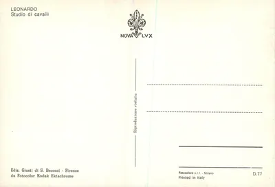 Estudio de caballos — dibujos de Leonardo da Vinci — Edición Giusti di S. Becocci, Florencia — Reverso