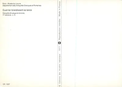 Wojownik etruski trzymający włócznię — Statuetka z brązu, V wiek p.n.e. — Éditions des musées nationaux, 1977 — Rewers