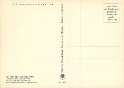 Mulher em vestido vermelho — rua do vilarejo de Aasgardstrand — Wiechmann-Bildkarten, n° 2505 — Verso