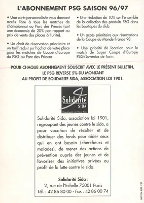 Solidariedade Sida — Assinatura PSG Temporada 96/97 — Pedido de artigos — Verso
