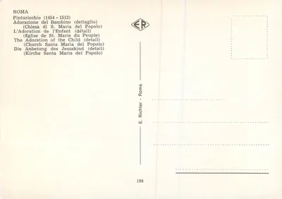 Adorazione del Bambino — dettaglio della fresca di Pinturicchio — Editore E. Richter, n° 198 — Verso