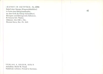 Koninglijk Egyptisch buste — canopie dekking in de vorm van een koninginshoofd — Verlag A. Egger, Colonia, n° 1594 — Achterkant