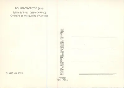 Brou (Ain) — Igreja de Brou (início do século XVI), Oratório de Marguerite d'Autriche — Service Commercial Monuments Historiques, Grand Palais, Paris — Verso