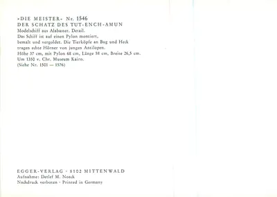 Navio em alabastro de Tut-ench-Amun — detalhe — Egger-Verlag, n° 1546 — Verso
