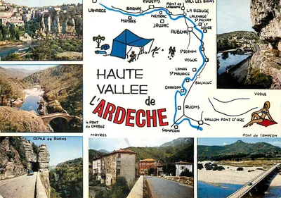 Alta Vale do Ardeche — Carta postal ilustrada com mapa rodoviário e fotos de paisagens — Edições J. Ollard, Bron