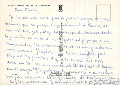 Alta Vale do Ardeche — Carta postal ilustrada com mapa rodoviário e fotos de paisagens — Edições J. Ollard, Bron — Verso