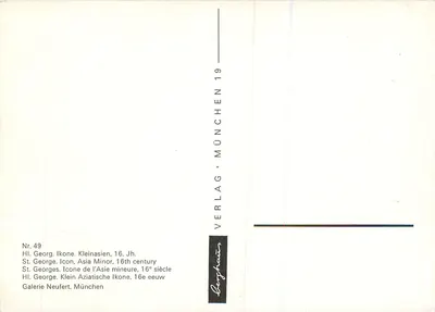 São Jorge — cavaleiro em um cavalo branco — ícone bizantino, Ásia Menor, século XVI — Galeria Neufert, Munique — Verso
