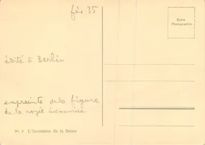 A Desconhecida da Sena — impressão da figura desconhecida — Echete Photographie, Nr. 2 — Verso